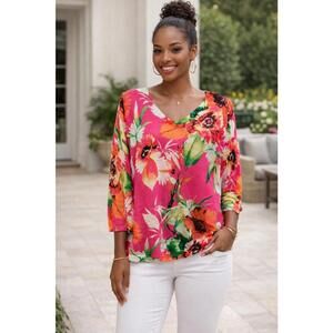 Chico's Women's Pink White Green Floral V-Neck Lightweight Sweater, 1 (M)